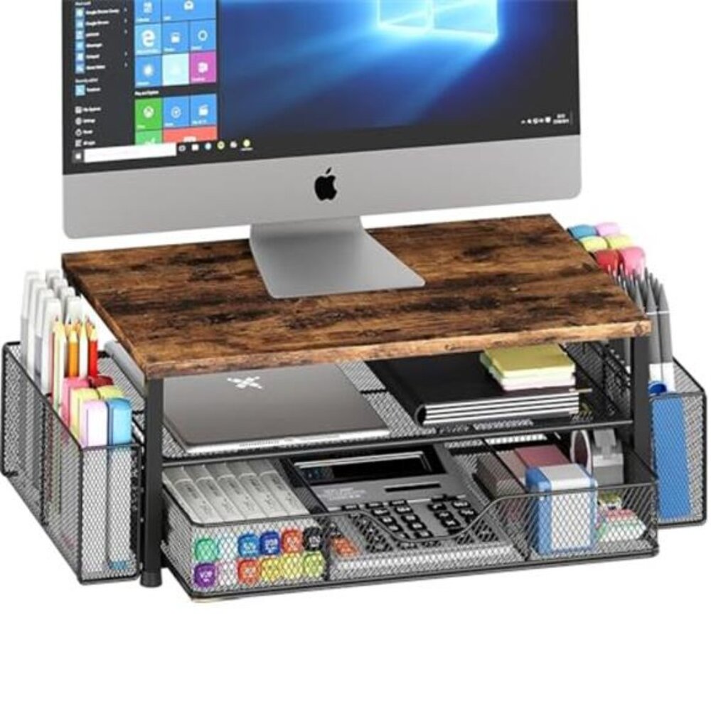 2 Tier Monitor Stand w Drawer Desk Organizer Metal Riser